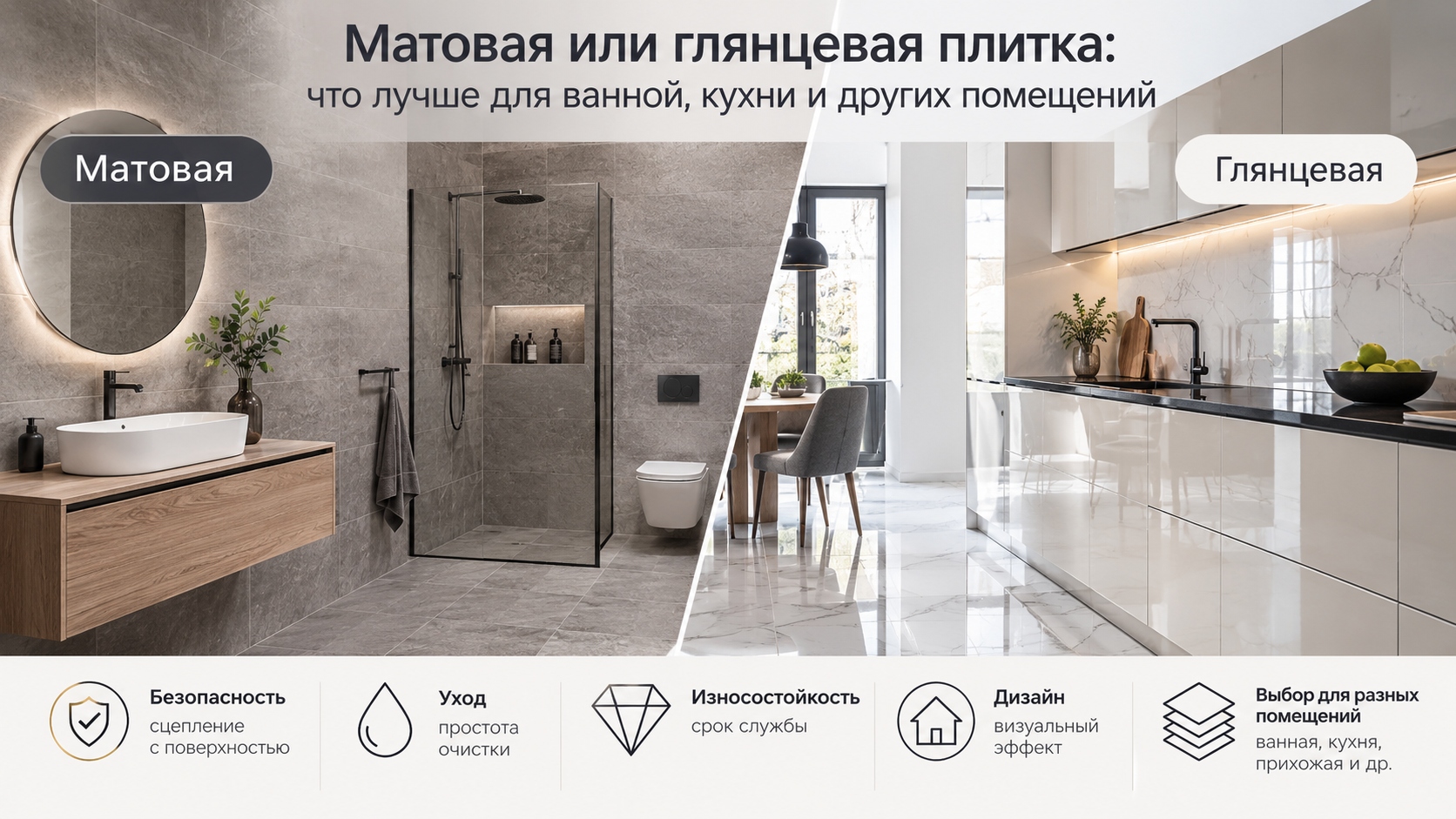 Матовая или глянцевая плитка: что лучше для ванной, кухни и других помещений